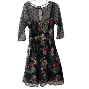 City Chic Poppy Spot Dress Floral with Polka Dot Mesh Overlay Black Multi 16